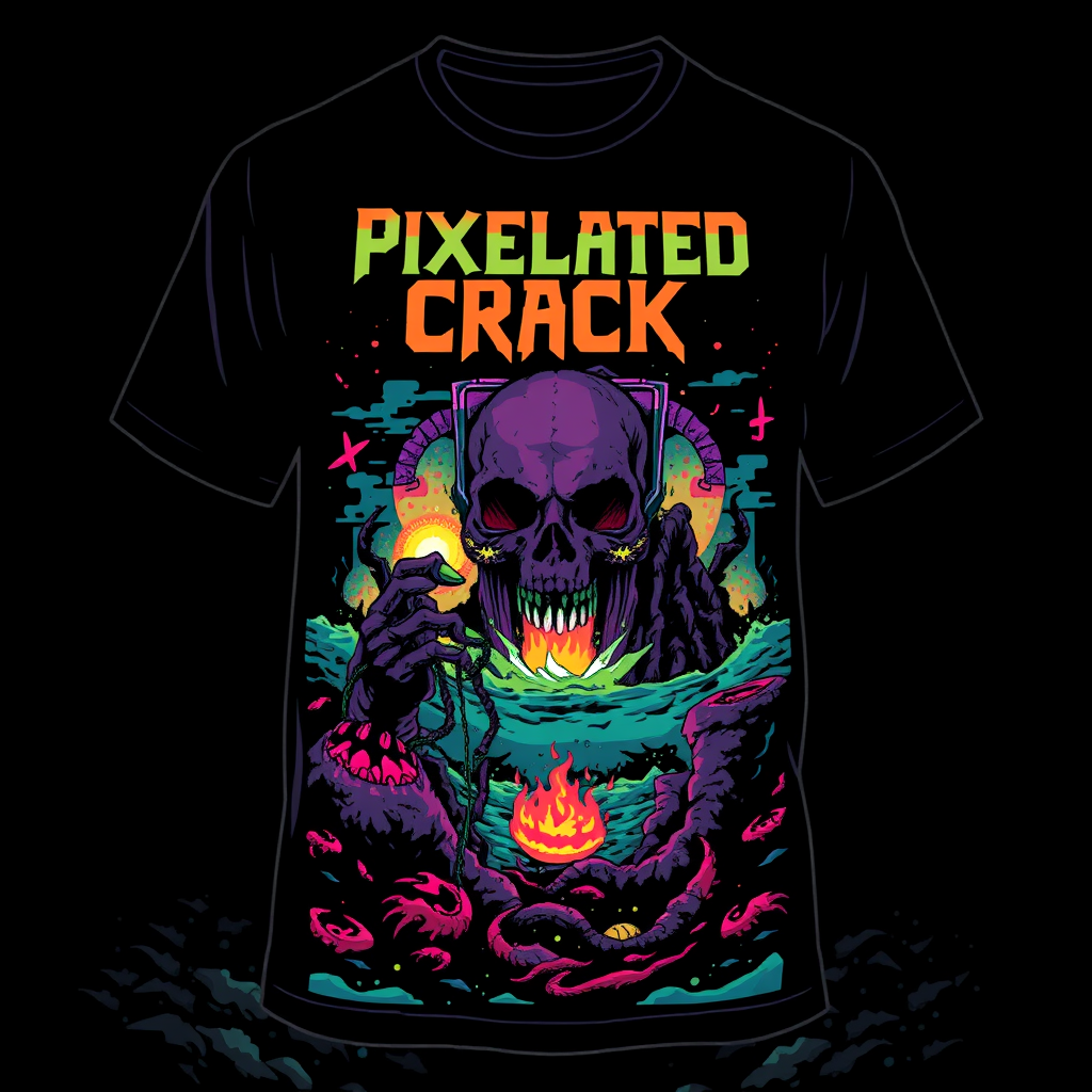 T-shirt design featuring a blocky, colorful 8-bit style of death metal blended with chiptune. The visuals should be unique and striking, combining macabre elements with beauty. The band name is "Pixelated Crack," and the scene is inspired by the deep sea.