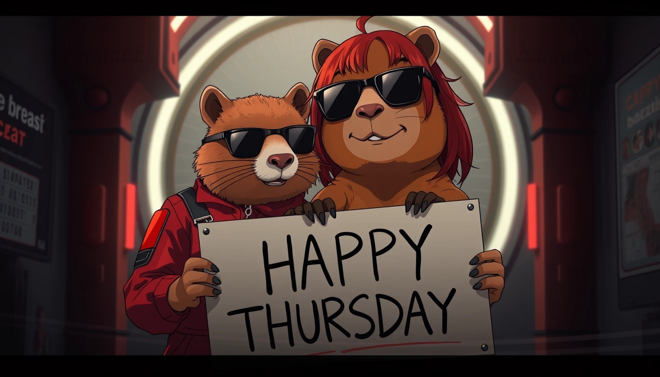 Redhead girl in a red jumpsuit with a capybara wearing sunglasses holding a sign that says "HAPPY THURSDAY" dark sci-fi realistic anime style. - Image