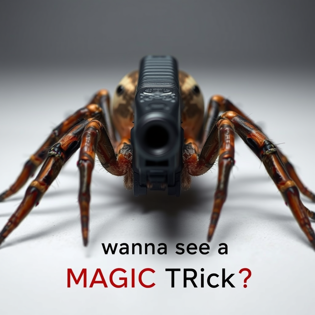 A creepy spider photograph with long legs wrapped around an upright glock aiming at the camera with text saying "wanna see a MAGIC TRICK?" below it. Professional photograph. - Image