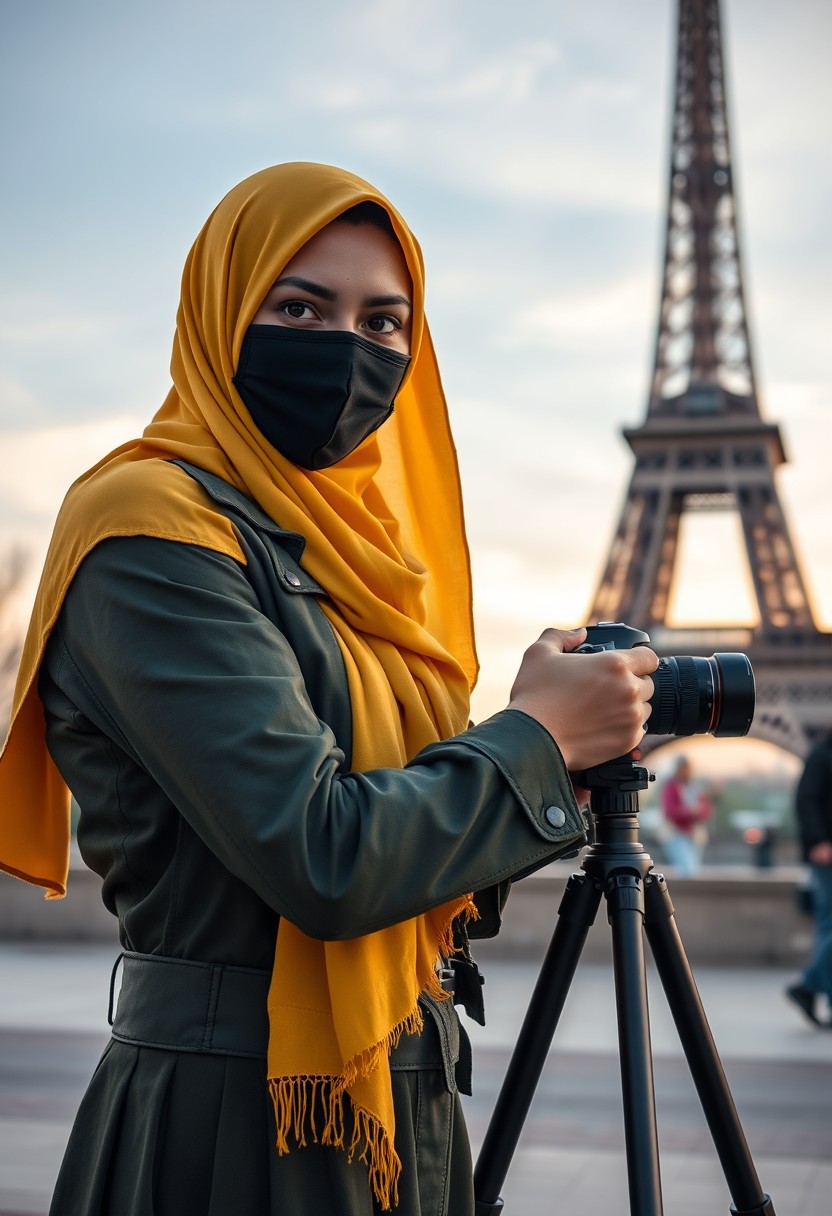 Biggest hijab yellow Muslim girl, beautiful eyes, face mask black, green army leather jacket, biggest skirt, camera dslr canon, tripod, taking photos of Eiffel Tower, sunrise, morning scenery, hyper realistic, street photography.