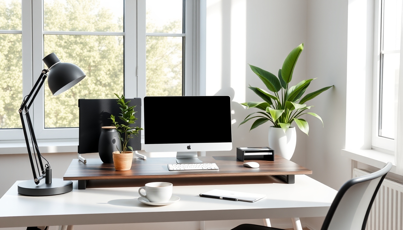 A sleek, modern home office setup bathed in natural light, with a single potted plant and a cup of coffee on the desk, emphasizing simplicity and productivity.