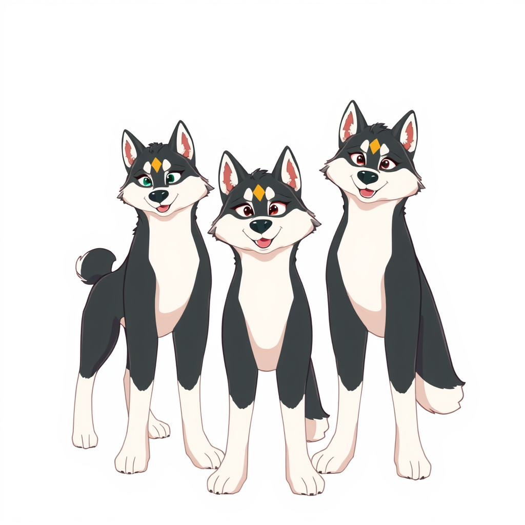 Species: Multiple cartoon fursona Huskies  
Body: Standing perfectly upright on two legs with full bodies  
Color Scheme: Darker fur areas colored in #06170e (very dark forest green)  
Lighter fur areas colored in clear white for the chest, muzzle, forearms, and tail tip  
White fur transitions from chest and forearms down the legs in a natural gradient or pattern, creating the appearance of white calves without directly modifying the body shape.  
Head: Golden brown diamond shape pattern on the forehead  
Legs: Digitigrade legs  
Face: Friendly and expressive  
Full body image.