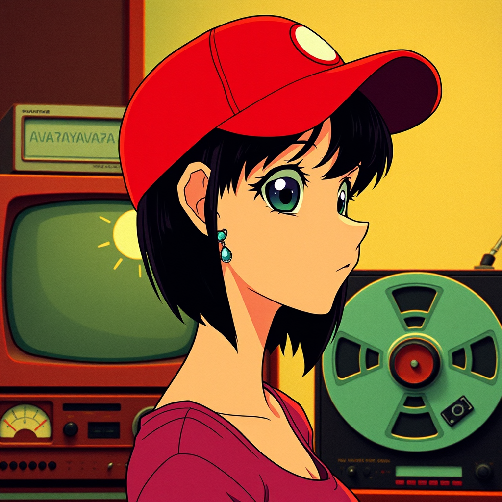 The image features an animated female character in a close-up profile view. She has large, expressive eyes, dark hair, and is wearing a red baseball cap with a circular emblem on the front. Her ears are adorned with multiple earrings, and she appears contemplative or daydreaming. The background includes retro technology elements, specifically an old-fashioned television and a reel-to-reel tape recorder with visible spools and VU meters. The color palette is vivid with a dominance of reds, greens, and yellows, and there is a distinct graininess to the texture, suggesting a vintage, nostalgic atmosphere. The style is reminiscent of 1980s anime and could be inspired by the works of Japanese directors like Hayao Miyazaki or the aesthetic of "Akira" by Katsuhiro Otomo. The overall effect evokes a sense of retro-futurism and introspection.

‘Tech spec’: Size: 1300x768 pixels; Resolution: Appears to be high, with clear details and defined edges; Camera angle: Straight-on profile view; Lighting: Appears to be artificial, flat with soft shadows, contributing to the illustrative quality; Lens: Not applicable as this is a digital illustration.