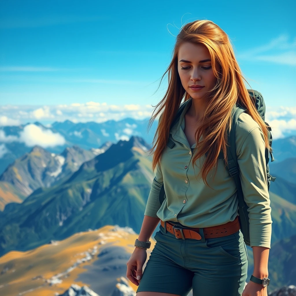 A woman in her 30s, long hair, hiking clothes, determined expression, standing on a mountain peak looking down, blue sky and clouds, distant mountains, dramatic digital painting style. - Image