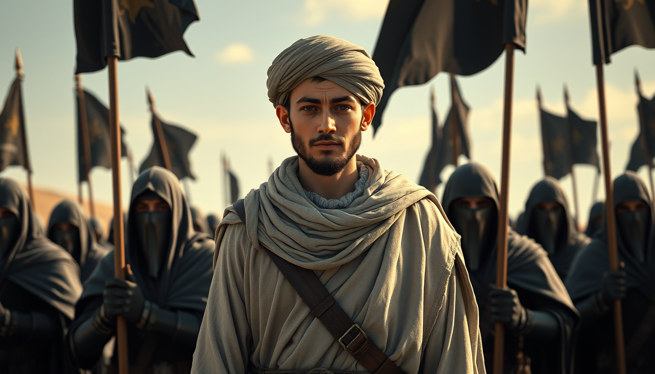 Digital illustration of a young Muslim commander wearing modest biblical cloak and turban, standing behind great Muslim warriors with a leader's expression. The medieval Muslim warriors are wearing veils and holding black banners, guarding him in open land. The theme is "The Conquest of Jerusalem Has Come," powerful, movie GFX, ambient occlusion, minimal textures, raw filter, skin retouched, dodge and burn effect, highlighting shader.