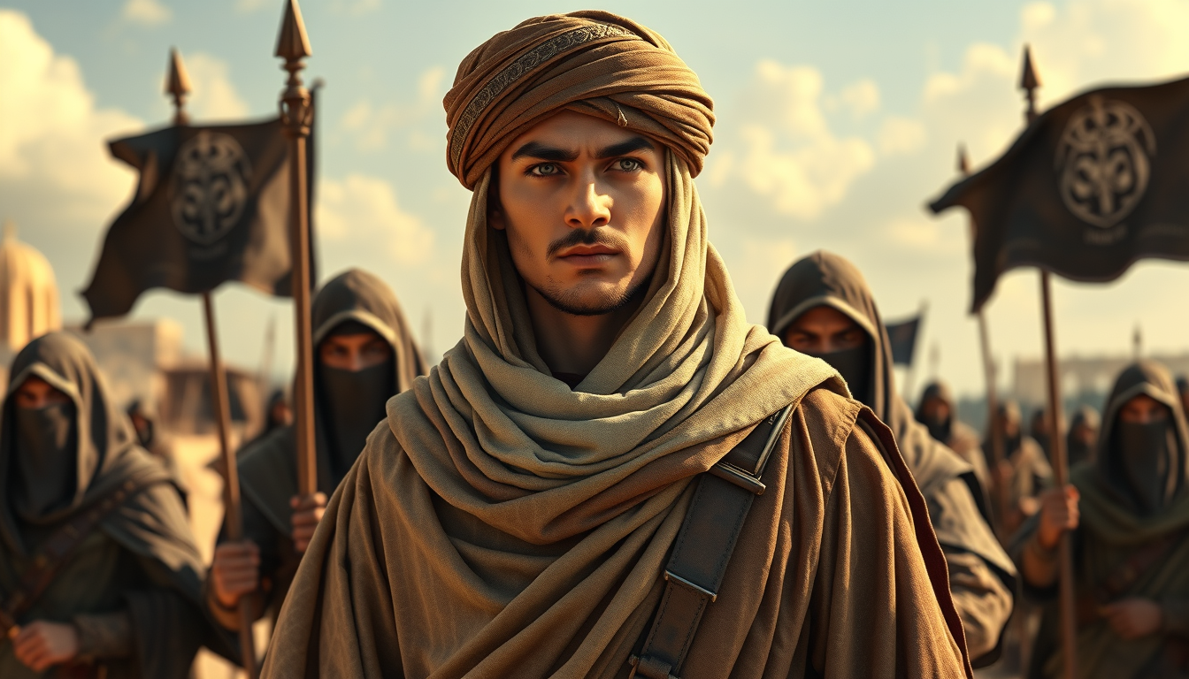 Full-view illustration of a young Muslim commander wearing modest biblical cloak-turban clothing, standing behind the great Muslim warriors with a leader expression. The medieval Muslim warriors are wearing veils and holding black banners while guarding him in an open land. The theme is "the conquest of Jerusalem has come," powerful, movie graphics, ambient occlusion, raw textures, skin retouched, dodge burn effect, highlighting shader.