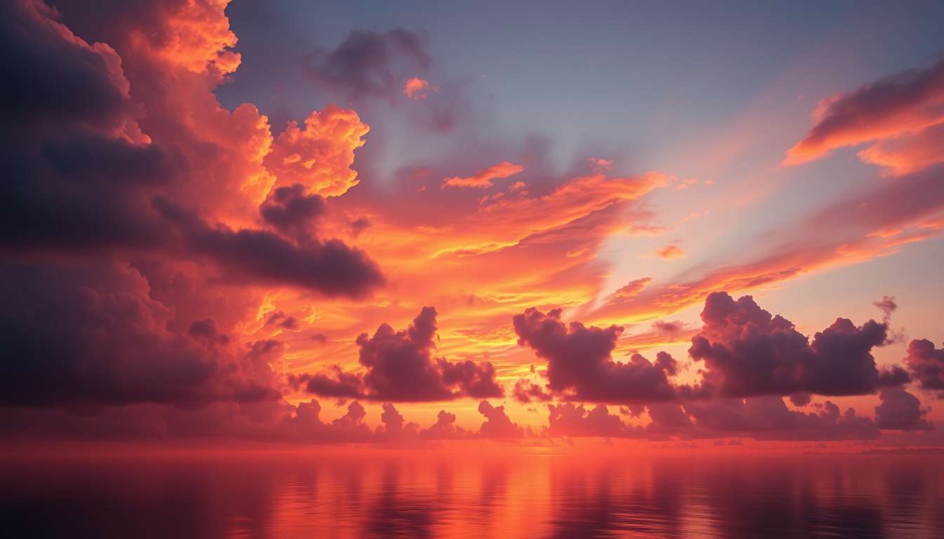 fiery sunset, clouds, high quality, photorealistic, evening sky, reflection, serene