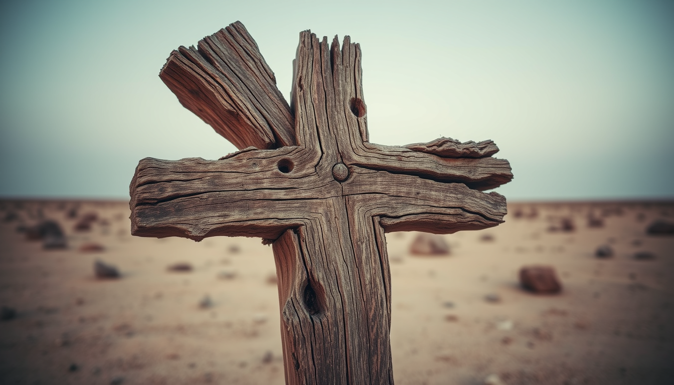 An old dilapidated wooden cross is standing in a barren desert landscape. The wood appears to be old and weathered, with a rough texture and deep grooves. The surface of the wood is rough and uneven, with some areas of the bark appearing darker and more jagged. There are several small holes scattered throughout the wood, some of which are larger than others. The overall feel is depressing and desolate.