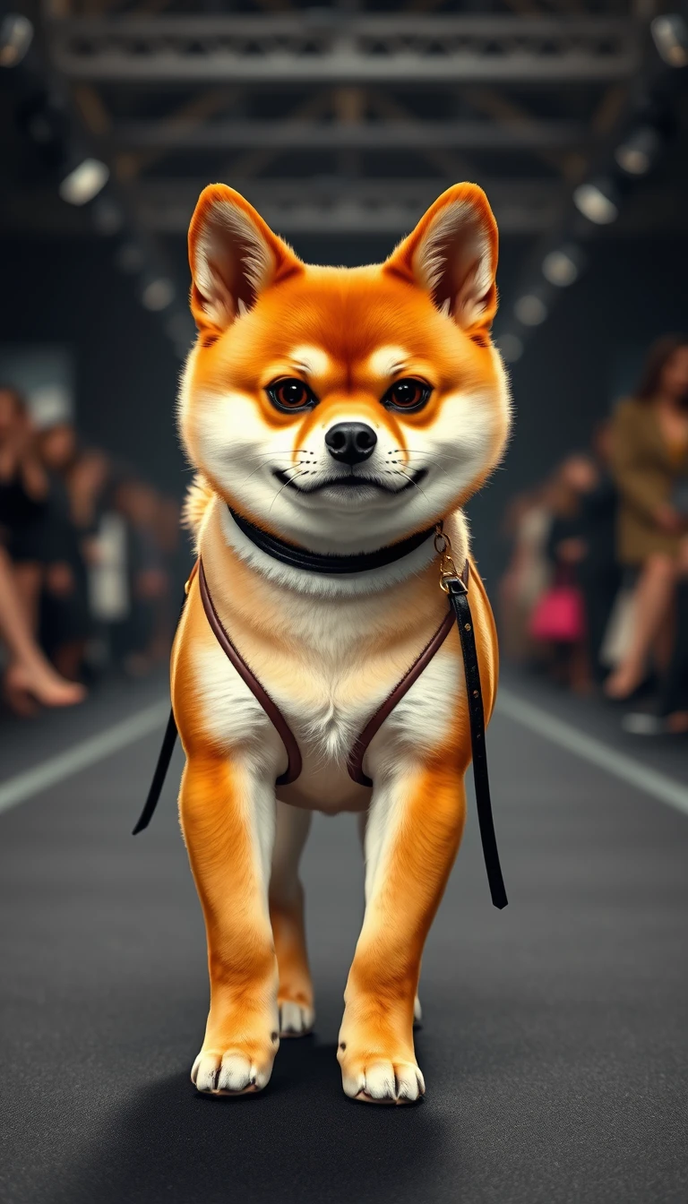 A small Shiba Inu with a stern expression, dressed fashionably, walking in a humanoid manner on the runway of Paris Fashion Week, strutting with model-like steps, posing for a full-body frontal shot, with a realistic art style, ultra-realistic details, and high-definition quality. - Image