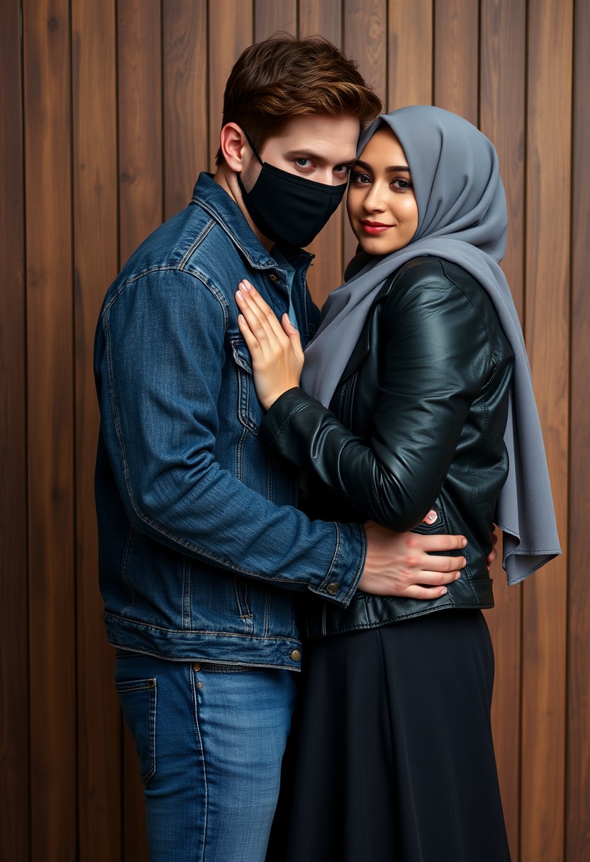 Jamie Dornan's head and body shot, handsome, face mask black, jeans jacket, jeans, dating, love couple, hug, with the biggest grey hijab Muslim girl, beautiful eyes, face mask black, black leather jacket, biggest skirt, hyper realistic, studio photography, wooden wall. - Image