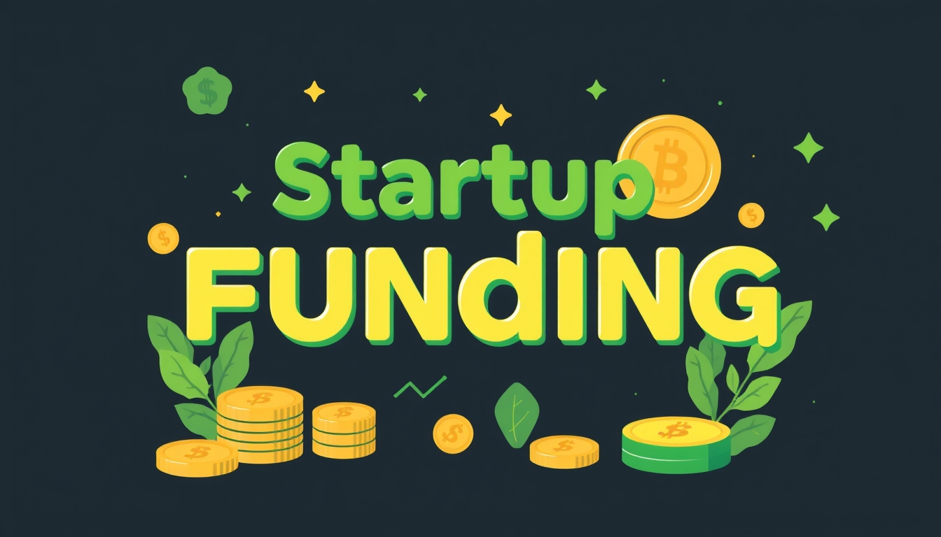 Startup funding illustration in green and gold with financial motifs. - Image