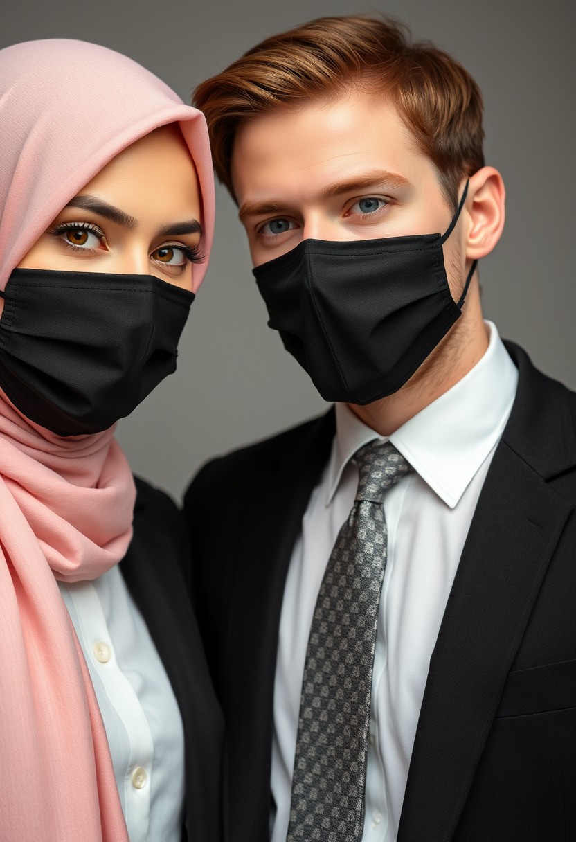 Jamie Dornan's head and body shot, handsome, young, face mask black, white shirt half buttoned, grey patterned tie, black coat suit, dating love with the biggest soft pink hijab girl, beautiful eyes, face mask black, the biggest floral juba, hyper-realistic, studio photography. - Image