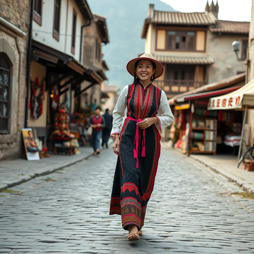 30-year-old long-legged Chinese woman in traditional Miao dress. She strolled through the flagstone streets of Yunnan's ancient town, her silver jewelry swaying gently with the pace, smiling, immersed in the historic atmosphere of the town. The background is antique buildings and handicraft stalls on the street, and the environment is full of strong ethnic customs.