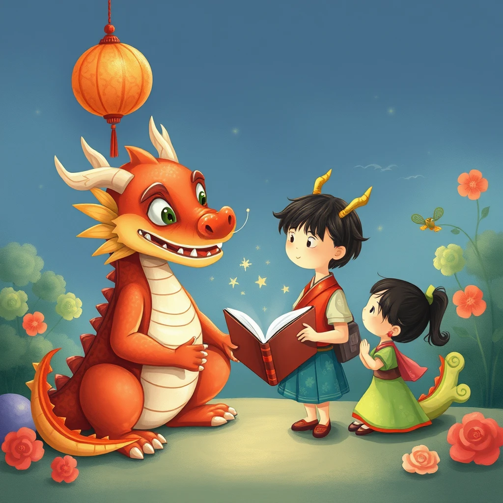 Children's book illustration, a Chinese dragon telling a story to a little girl.