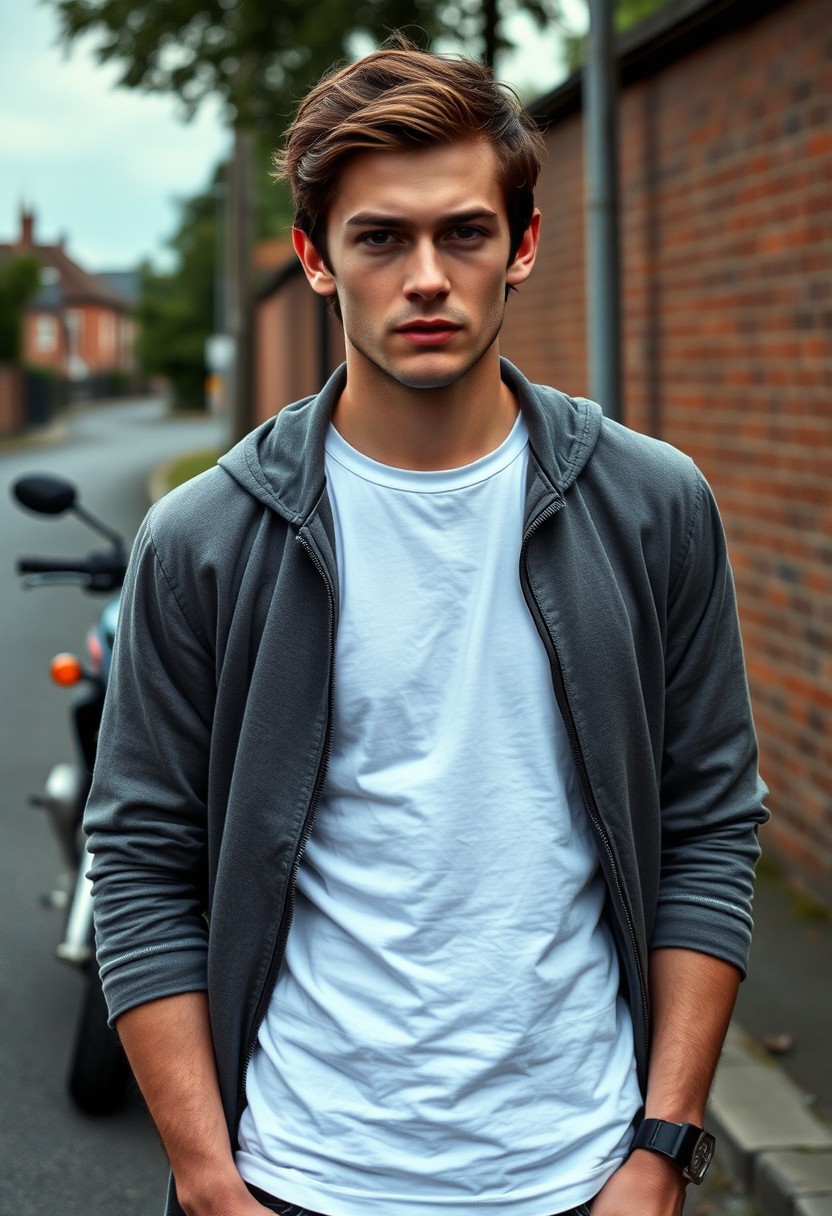 Jamie Dornan head and body shot, handsome, young, serious face, dark brown hair, white T-shirt, college jacket, skinny jeans, sneakers, standing in a hot style, near a town road, superbike, hyper-realistic, street photography, brick wall, full body photo.