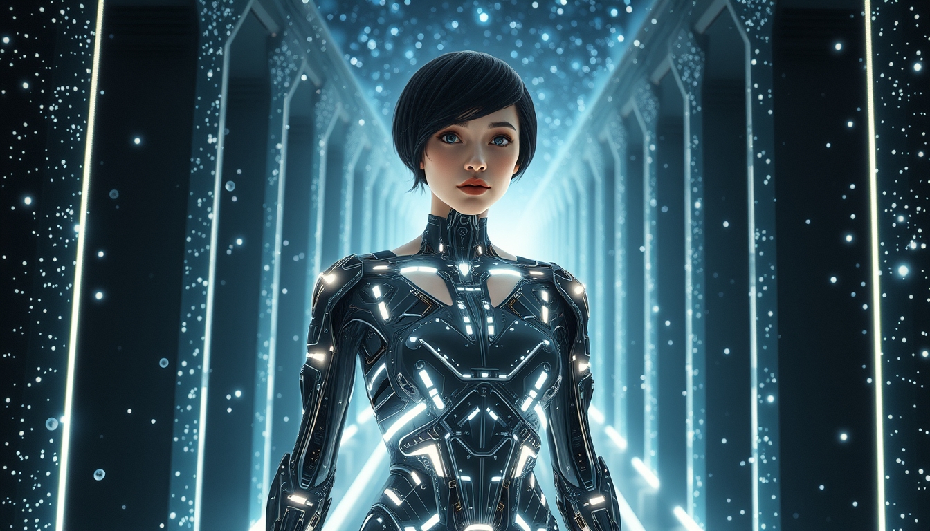 Interpretation of a cyborg woman (with short black hair). She is wearing a black and transparent electronic suit made of electronic parts interwoven with white light, with particles of light floating around her, standing in the middle of a futuristic maze (a beautiful maze with high walls made of stars) against a backdrop of galaxies. It features a style of mechanical realism, human relationships, and mythical themes. --Chaos 10 --ar 16:9 --v 5.2 --stylize 150