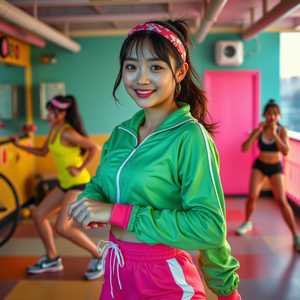 Concept: Capture the vibrant and energetic era of 80s fitness.  
Style: Retro-style tracksuits, vintage sneakers, and headbands.  
Setting: A vintage gym, a rooftop, or a colorful backdrop.  
Pose: Perform aerobic routines, 80s-style dance moves.  
Lighting: Use colored gels to create a vibrant and nostalgic atmosphere, and strobes to capture dynamic moments.  

22-year-old girl, Korean idol, ((Short bridge of the nose)), ((High, slender nose)), young, cute, smile. - Image