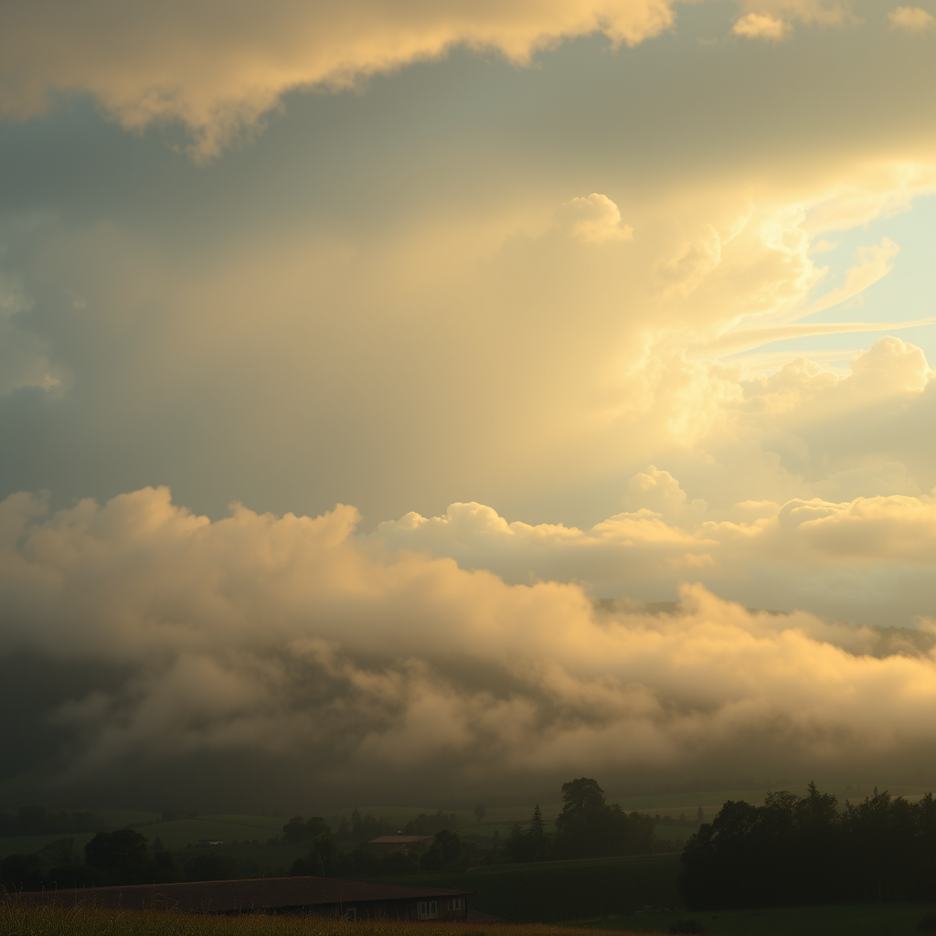 Peaceful rain storm in heaven and countryside in the sky surrounded by pillowy soft clouds, with ambient golden light and everything has subtle clouds integrated into its structure.