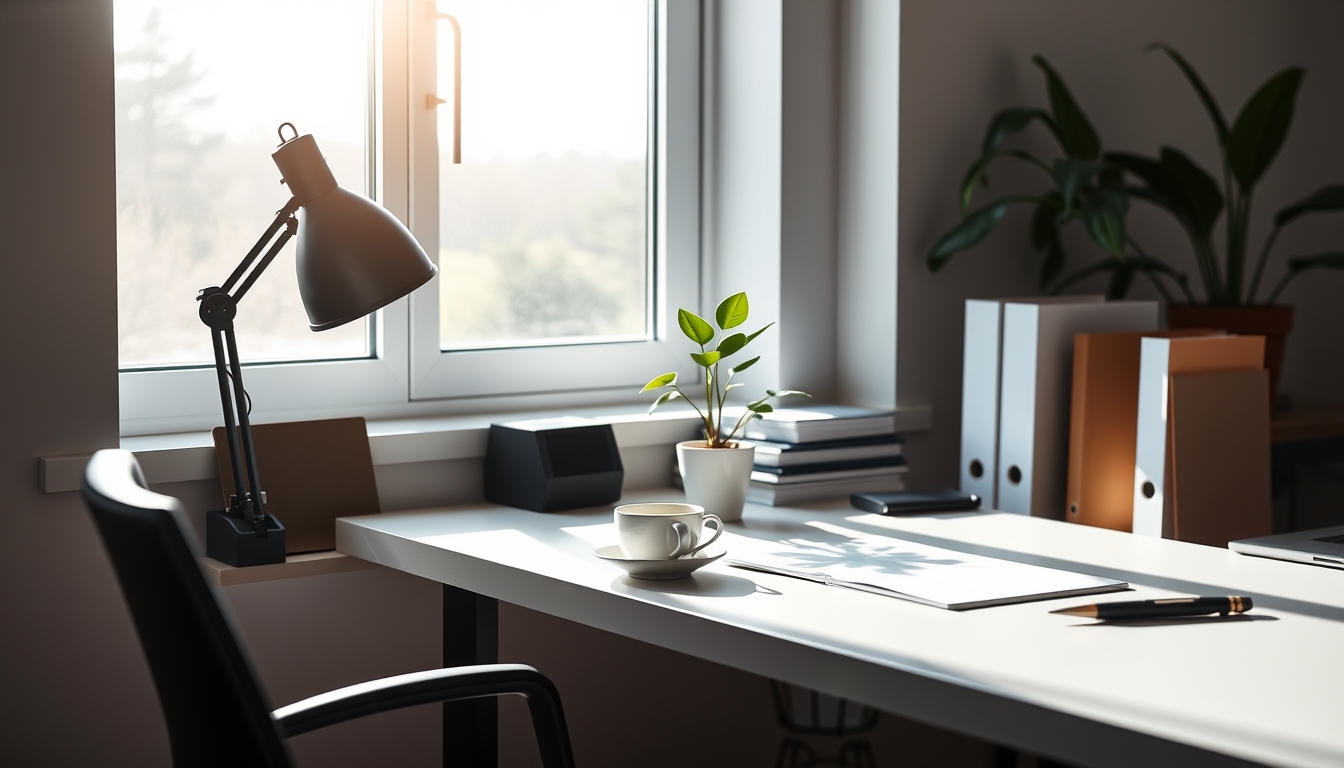 A sleek, modern home office setup bathed in natural light, with a single potted plant and a cup of coffee on the desk, emphasizing simplicity and productivity.