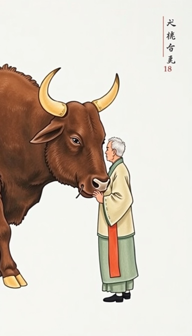 An elderly man in traditional Chinese clothing, facing a Chinese ox, illustrated in a picture book style with a simple, light white background.