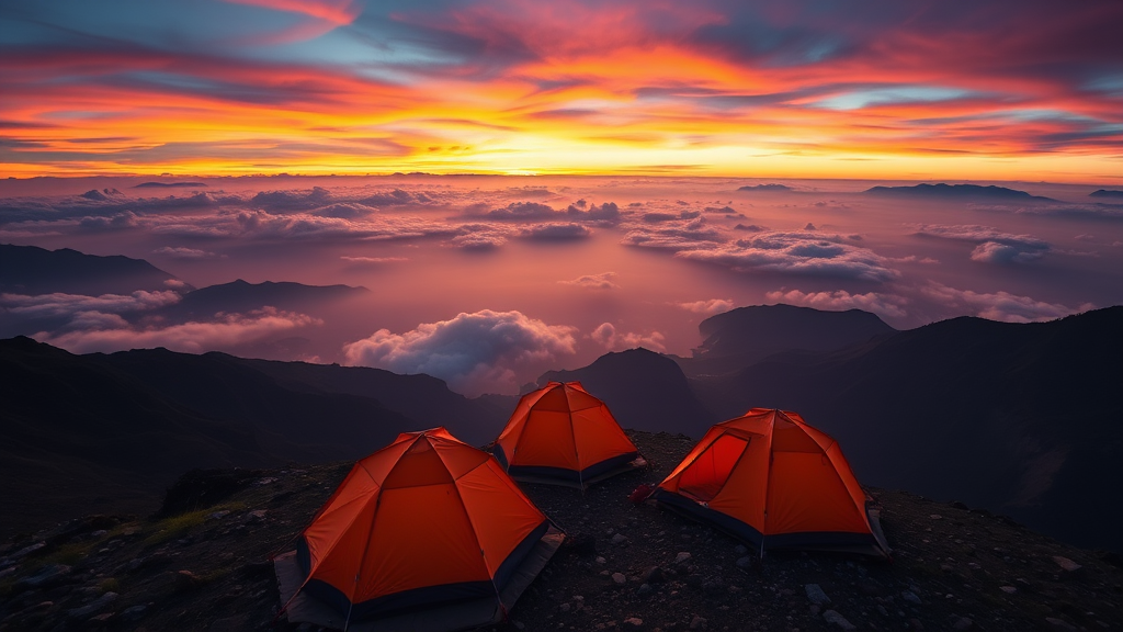 Tents on a mountain in the middle of, Rudy Siswanto, art photography, Flickr contest winner, tents, vibrant sunrise, at sunrise, trending on 500px, trending on 500px, during dawn. - Image