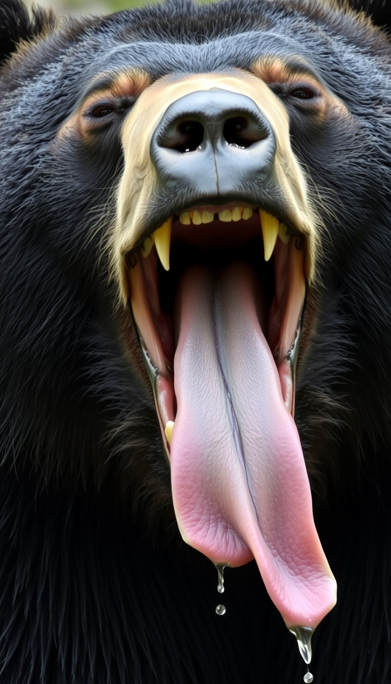 The black bear opens its mouth, which is very large, revealing sharp teeth that are very pointed. The tongue is dripping with a lot of saliva, making the fur wet.