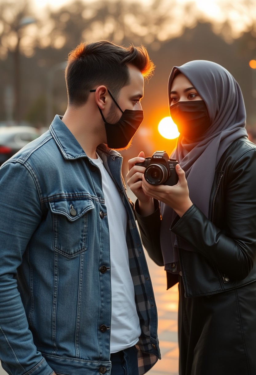 Jamie Dornan's head and body shot, handsome, black face mask, denim jacket, jeans, dating, love couple, with the biggest grey hijab Muslim girl, black face mask, beautiful eyes, black leather jacket, biggest skirt, taking picture, DSLR Canon camera, sunset, hyper-realistic, street photography. - Image