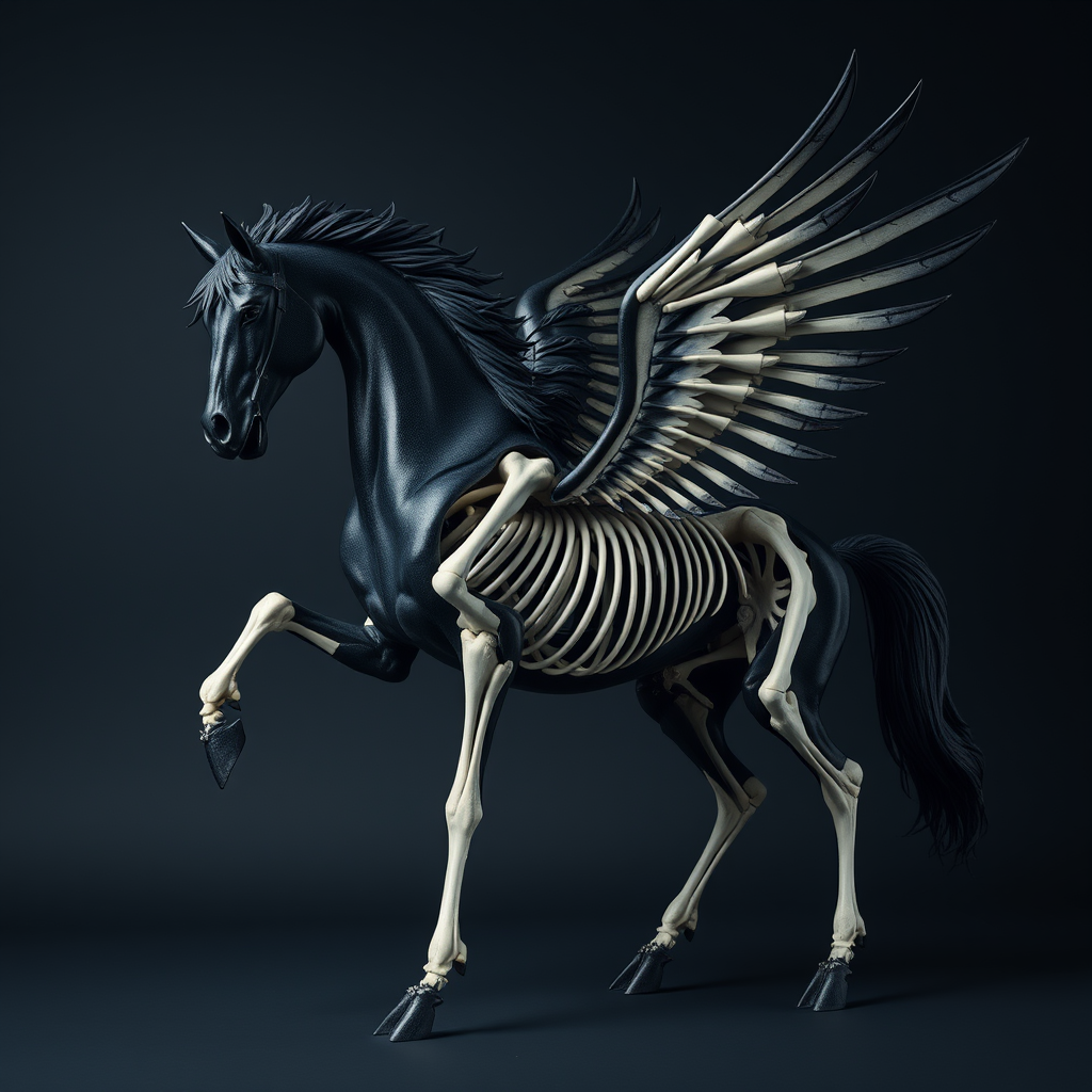 a black Pegasus, of which white bones are exposed