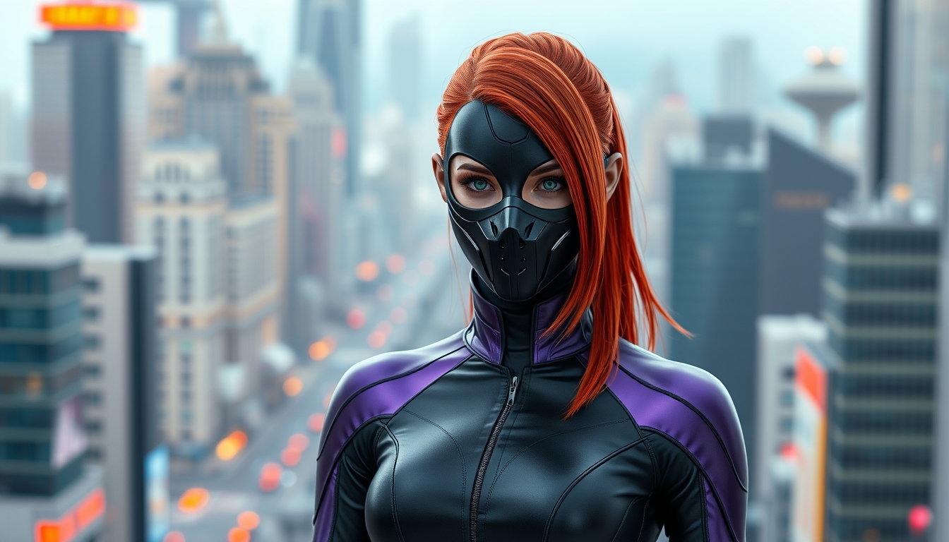 I used Flux AI Image Generator to create this image of a woman with red hair and green eyes wearing a black metallic mask. She's dressed in a skintight black and purple spandex suit. The suit features a high collar and long sleeves. She's standing perfectly straight. The background depicts a futuristic city. I love this image; it looks like something out of a fantasy movie. Show the full body image from a distance.