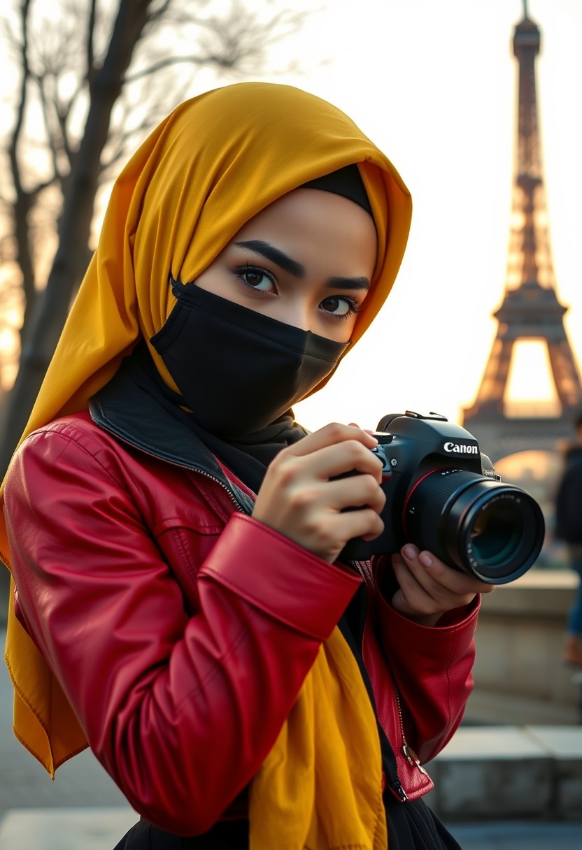 Biggest hijab yellow Muslim girl, beautiful eyes, face mask black, red leather jacket, black biggest skirt, holding DSLR camera CANON, sunrise, morning scenery, Eiffel Tower, hyper-realistic, street photography. - Image