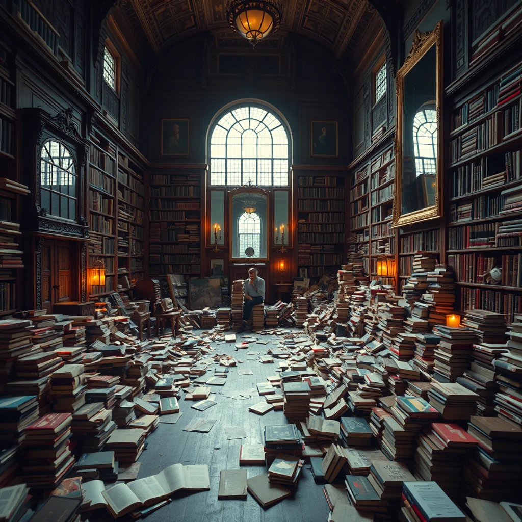 A real-life photograph, wide shot, of a person sitting on a pile of books in the corner of a large hall, where many books are scattered messily and there are some large mirrors. There are a lot of books, and it looks very chaotic. The lighting is dim, with some candles lit. The person is in one corner of the hall. - Image