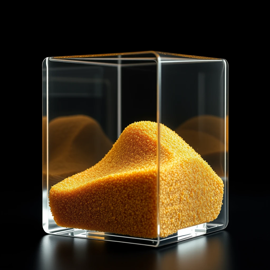 Golden sand particles. Transparent glass cube, golden sand particles inside. Glass cube contains a mini desert inside, made of tiny golden sand particles. Black background color, shiny cube. Futuristic art style.