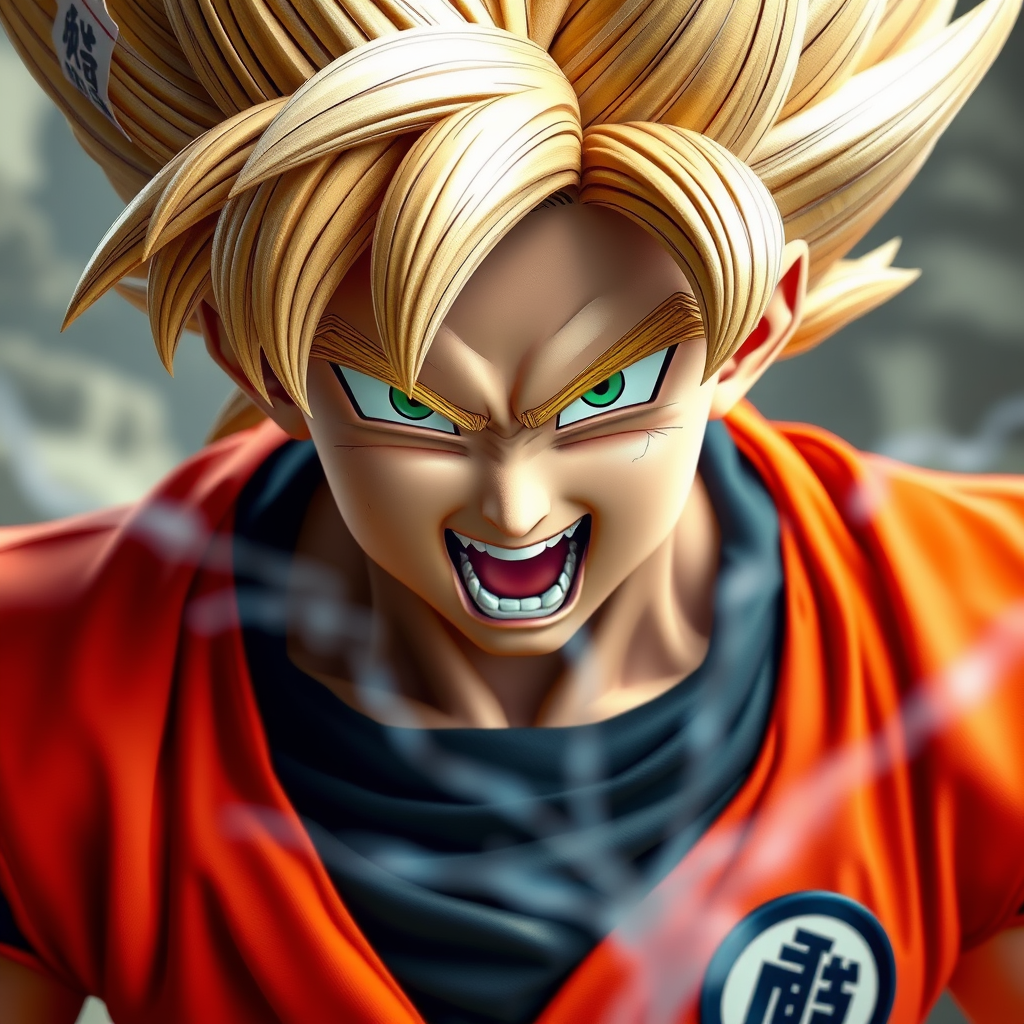 Photorealistic, lifelike, real character, real actor, Dragon Ball Z action movie, Goku Super Saiyan. - Image