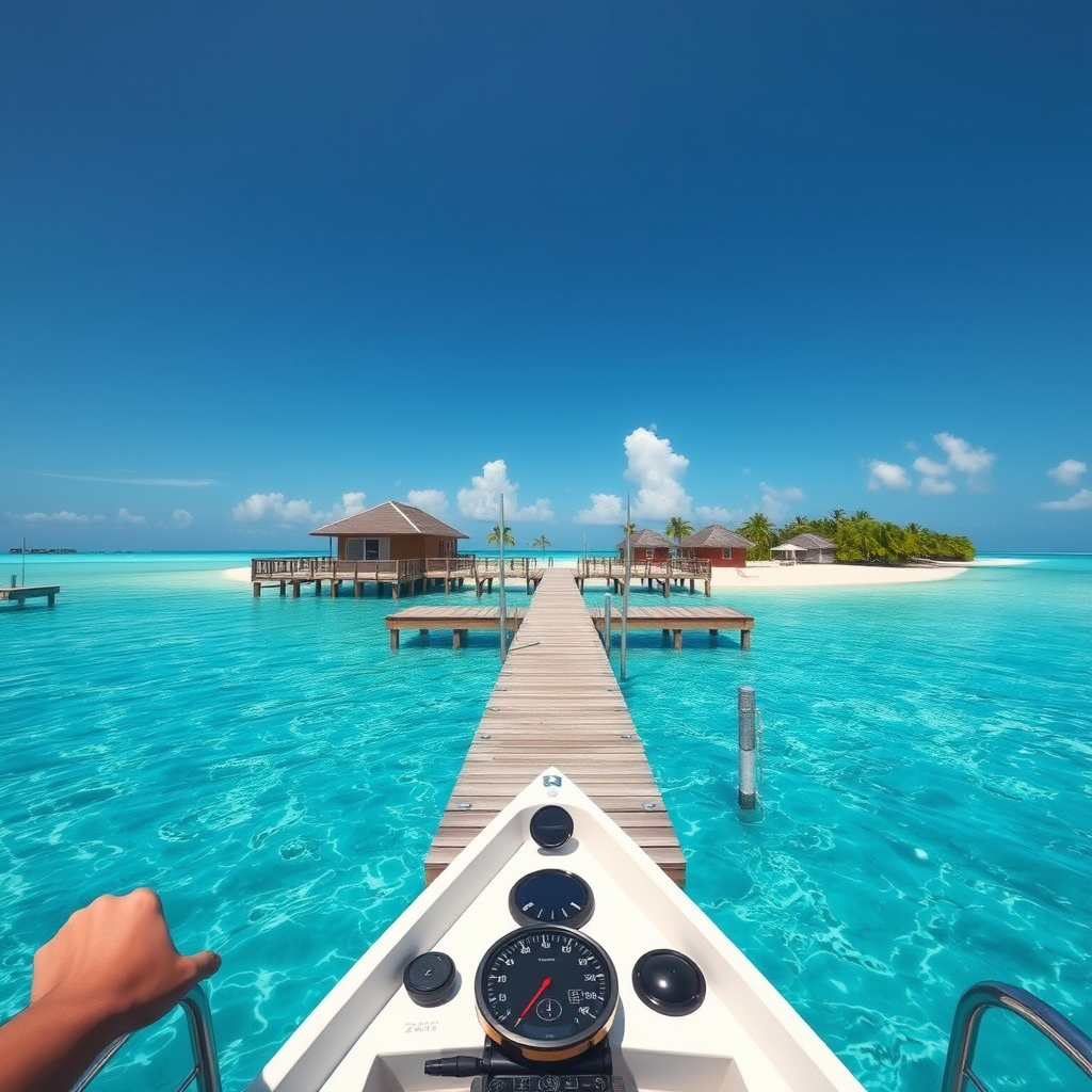 Realistic first-person view of the Maldives, unreal engine 5, with HUD, life simulator, he arrives by boat and disembarks on the jetty, clear blue water, you can see houses and the beach where people are vacationing in the distance. - Image