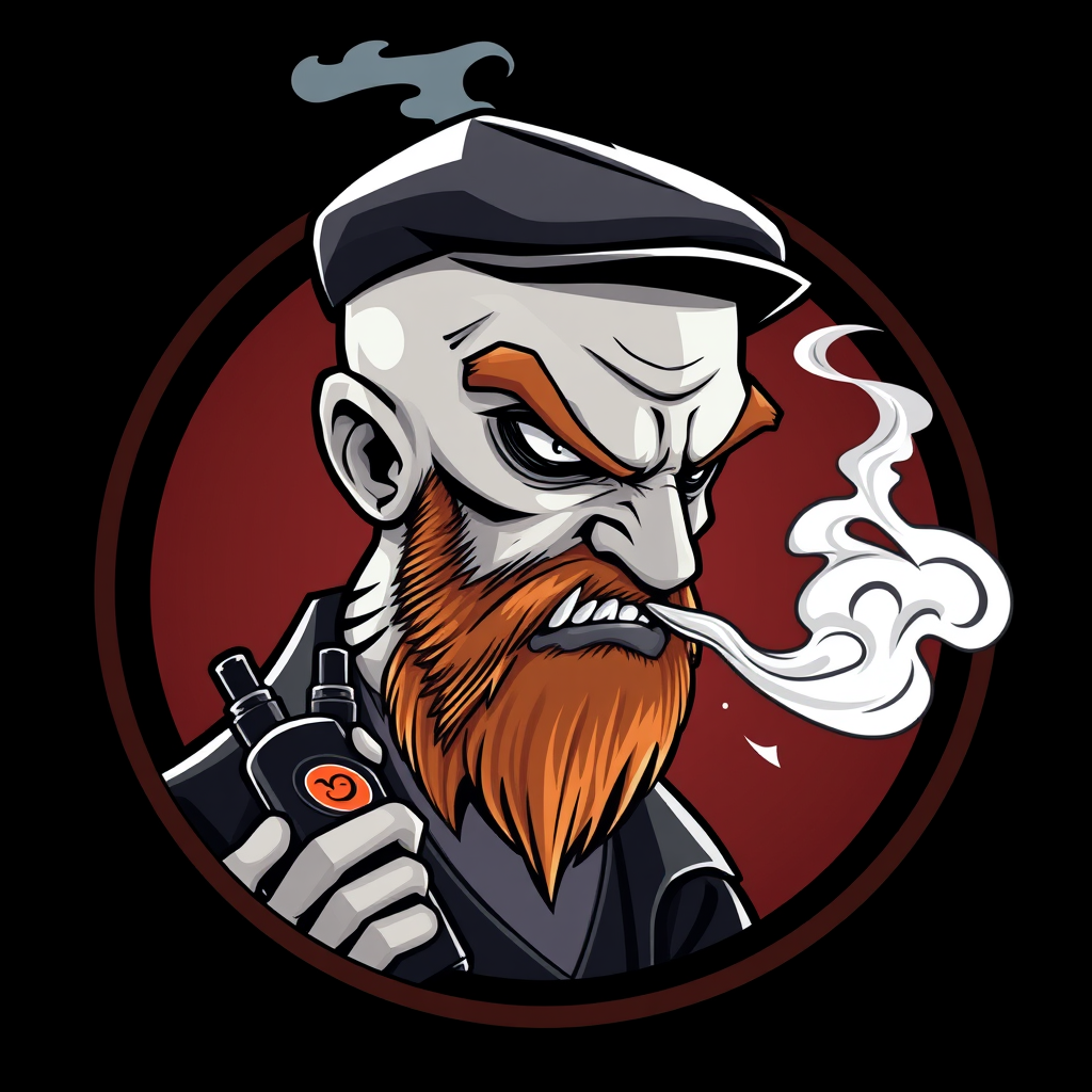 Three-quarter view cartoon demonized white human male, bald with short ginger beard, wearing a vintage flatcap. He's exhaling vapor clouds from a sleek vapemod, dripping with vibrant e-liquids. Set in a circular logo design, featuring gothic elements and a smoky, mischievous atmosphere.