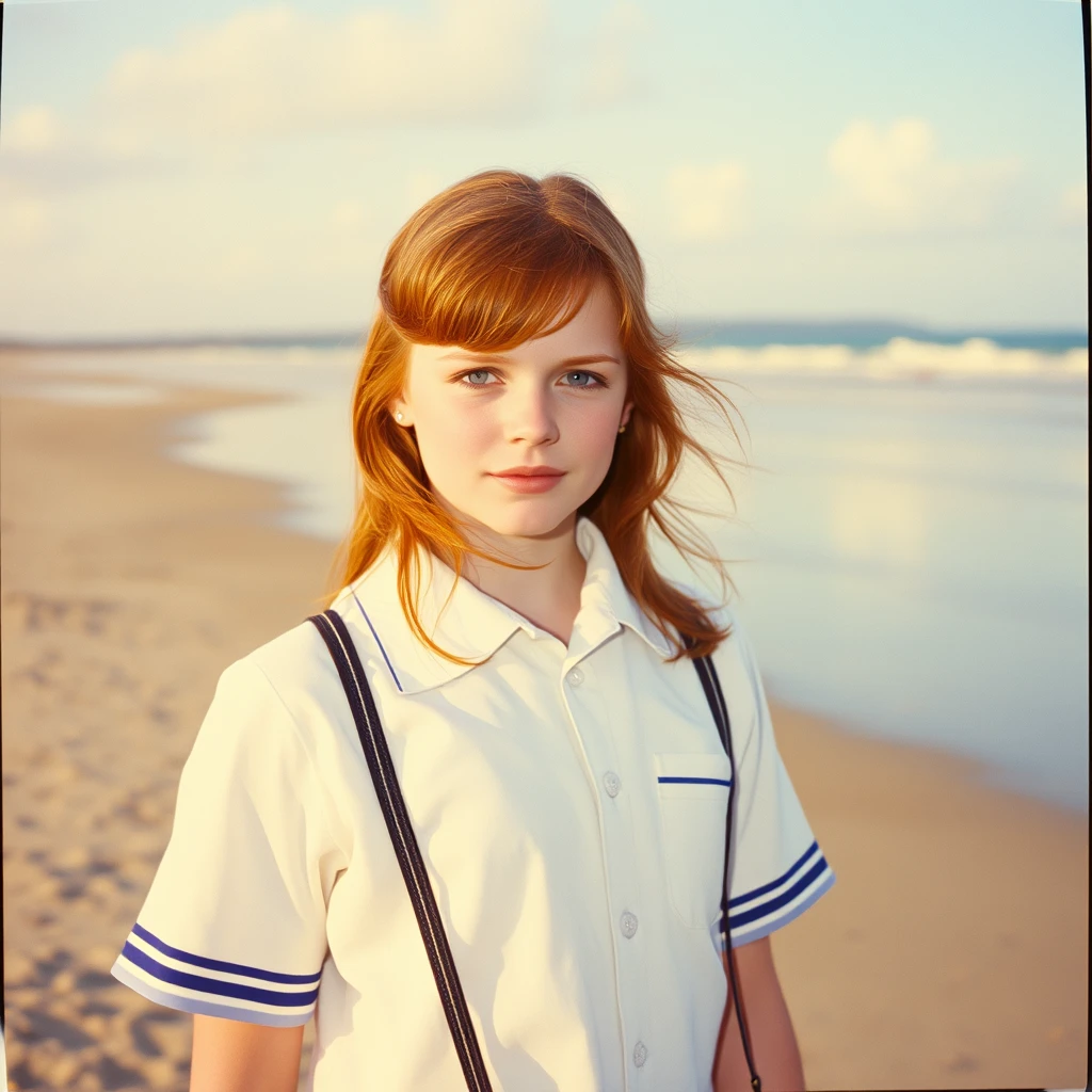 Girl in the white school uniform with red hair and blue eyes on the beach, 1970s, Polaroid - Image