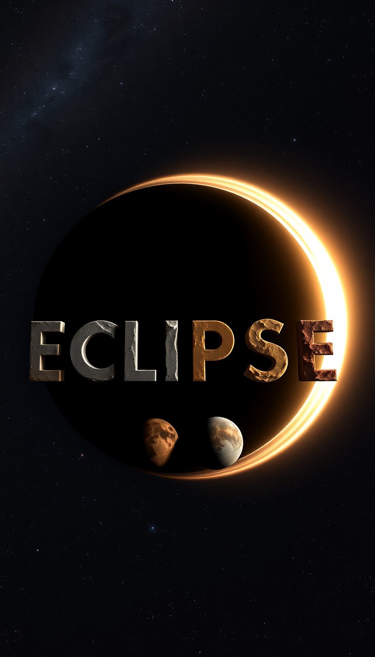 Main Character: The word "ECLIPSE" formed by a unique arrangement of terrestrial and gas planets. Each letter is represented by a different planet, carefully positioned to create the overall word. The terrestrial planets, representing the letters E, C, L, I, P, and S, are depicted with rocky surfaces, craters, and varying atmospheric conditions. The gas giant, representing the letter E, is depicted with swirling clouds and a prominent ring system.  
Background: The vast expanse of space serves as the backdrop, filled with distant stars and galaxies. The blackness of space provides a stark contrast to the vibrant colors of the planets, making them stand out prominently. Nebulae and distant galaxies add depth and visual interest to the background, showcasing the immensity and beauty of the cosmos.  
Visual Style: The visual style should be hyperrealistic, resembling a photograph captured by a powerful space telescope. The planets should be depicted with intricate detail, showcasing their unique features and atmospheric conditions. The lighting should be realistic, with the planets illuminated by a nearby star, casting shadows and highlighting their three-dimensional forms. The overall tone should be one of awe and wonder, inspiring a sense of curiosity about the vastness and mysteries of the universe. - Image