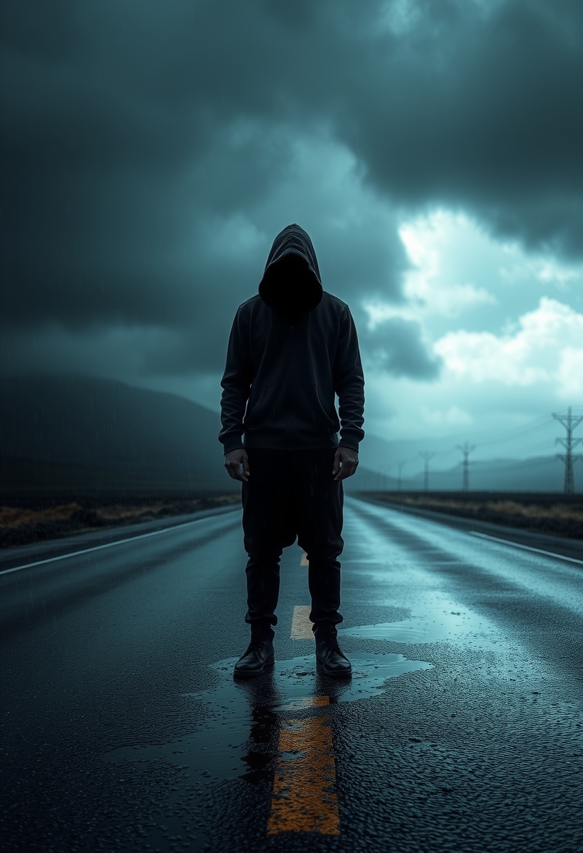 A lone, hooded figure stands motionless in the middle of a deserted, rain-soaked road, his face shrouded in an impenetrable, pitch-black shadow, water dripping from his hood and pooling around his feet, the surrounding atmosphere heavy with a sense of desolation and sorrow, dark, foreboding clouds looming in the background, misty rain veiling the distant landscape, moody, cinematic lighting, Nikon D850.