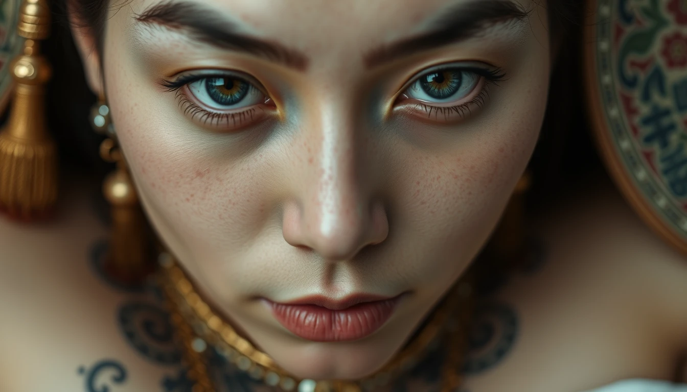 Close up view of tattooed chest of white-skinned Korean Indian women with beautiful facial features and blue eyes, wearing gold ornaments and lying down.