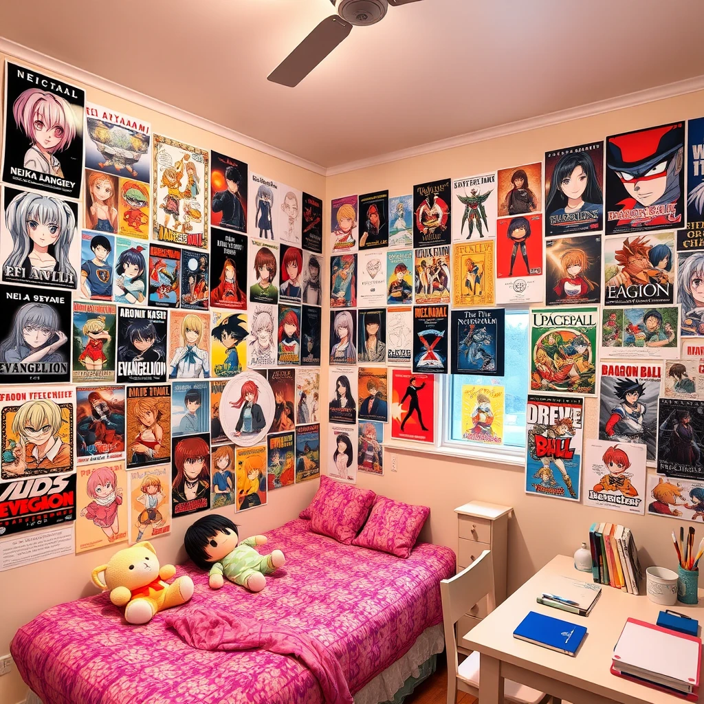 In a room, one wall is covered with many posters, including those of Rei Ayanami, Asuka Langley, Neon Genesis Evangelion, Dragon Ball, Rurouni Kenshin, Masakazu Katsura's Video Girl Ai, Castle in the Sky, and more. It is a girl's bedroom, which has a window, a bed, and a table with chairs. There are plush toys on the bed, and some school supplies on the table.