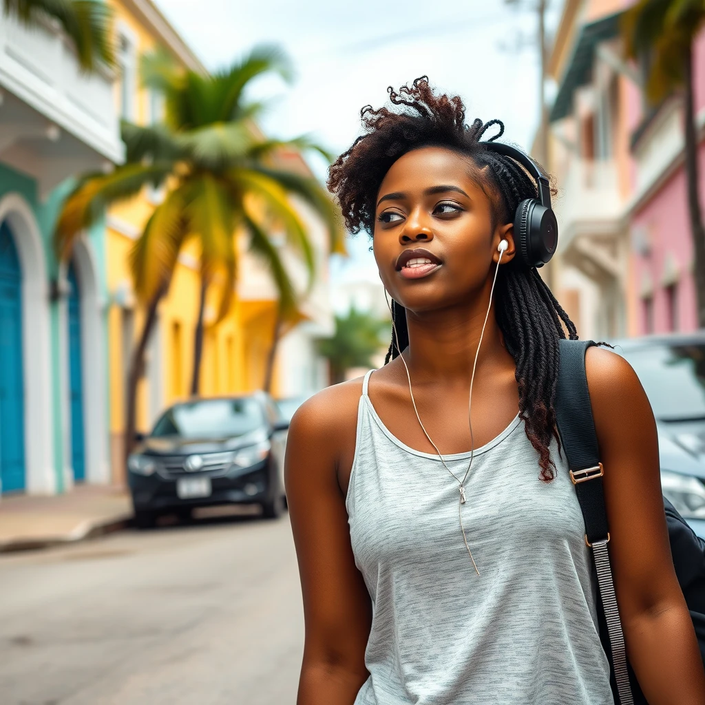 A young black woman walking on a Nassau street in the Bahamas listening to a podcast on her wireless ear buds.