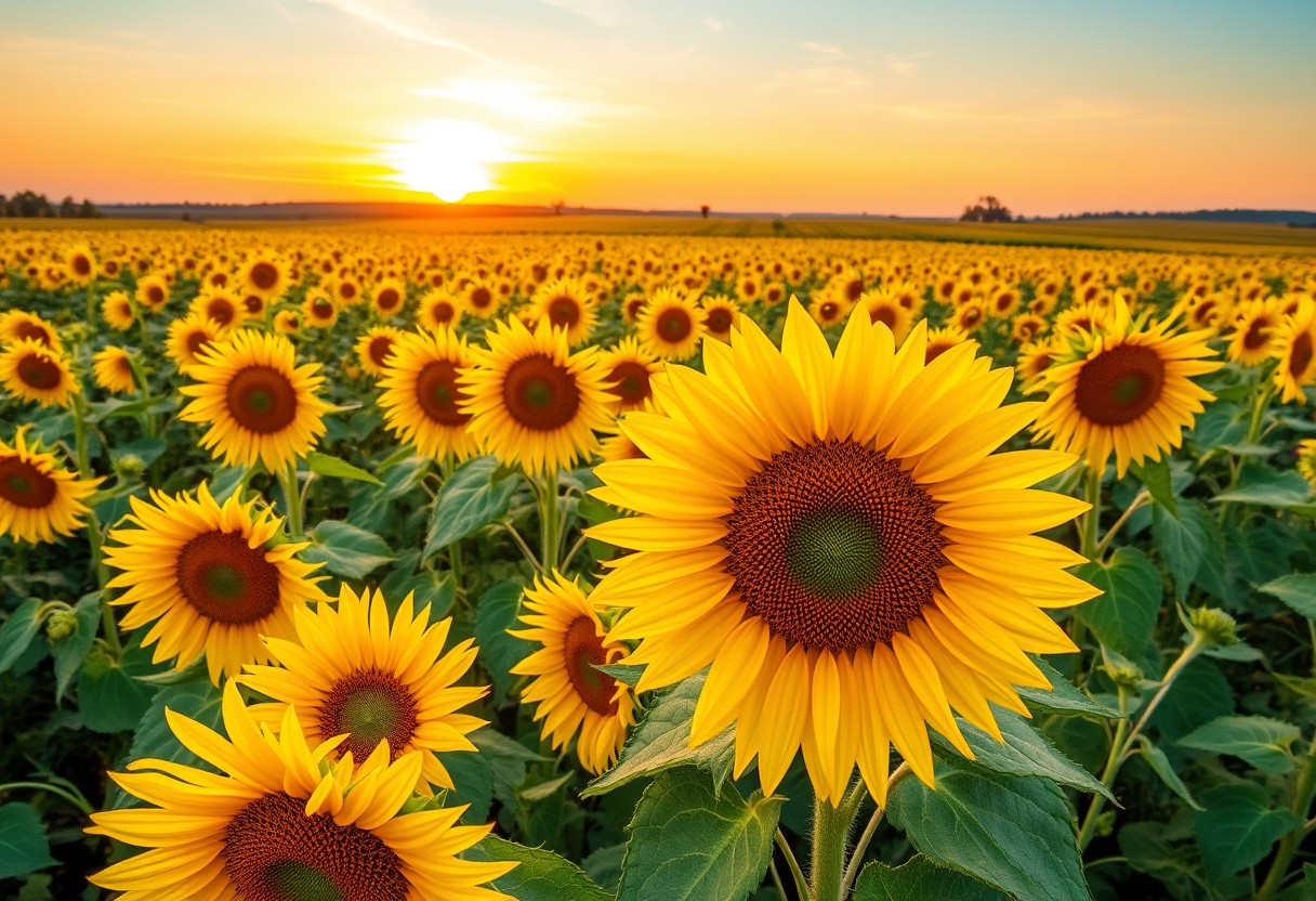 Vibrant, sunflower fields, golden blooms, high quality, photorealistic, summer, cheerful, idyllic, rural, panoramic, breathtaking, blue skies, windblown fields, sunset, floral arrangements. - Image