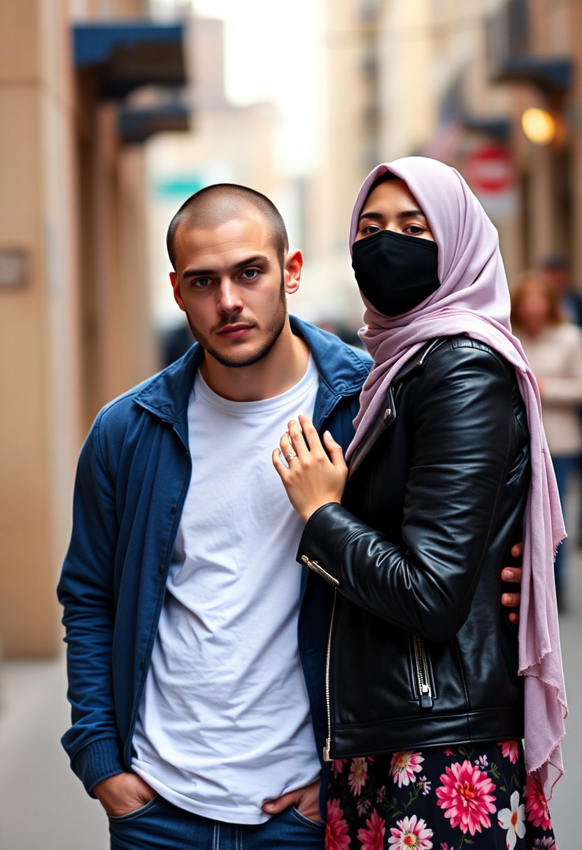 Jamie Dornan's head and body shot, handsome, young, shaved, white T-shirt, blue jacket, jeans, dating love with the biggest soft pink hijab, black leather jacket, black face mask, biggest floral skirt, hyper realistic, street photography. - Image