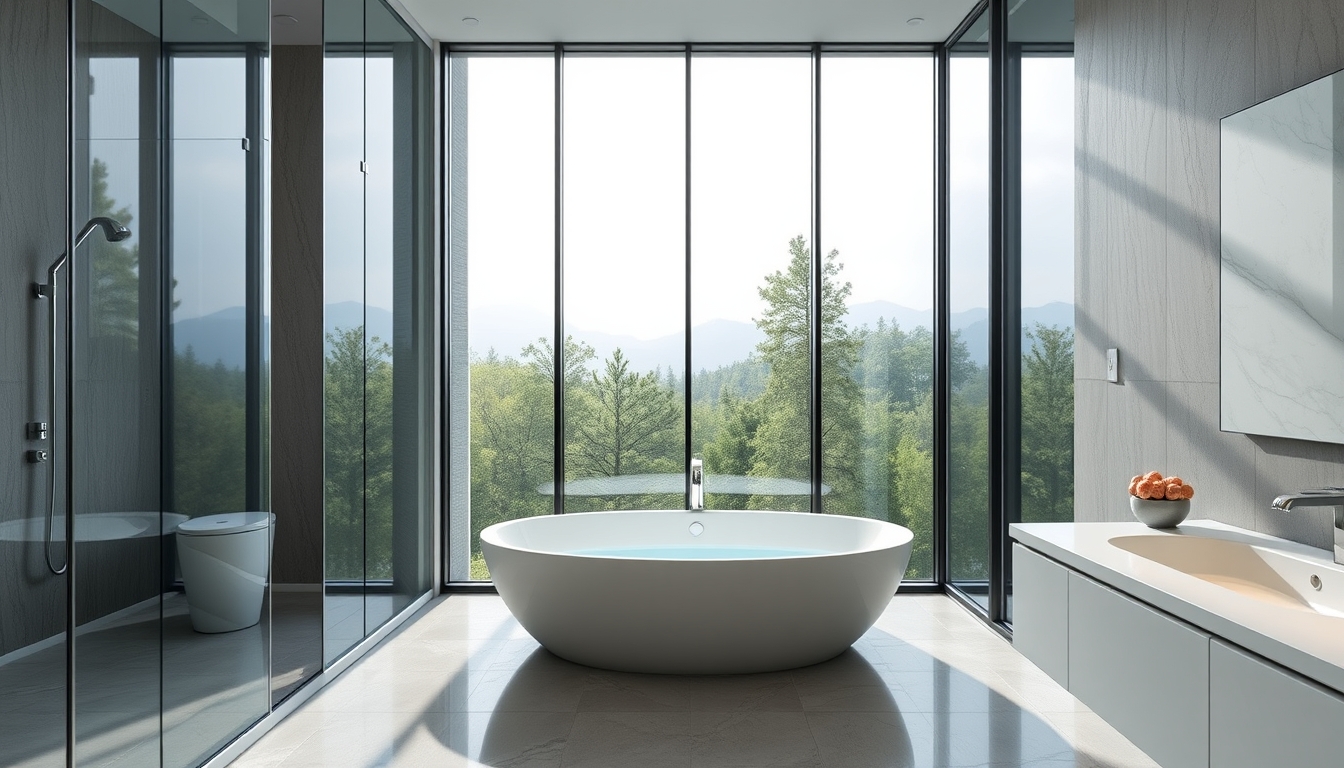 A sleek modern bathroom with glass walls and a luxurious soaking tub. - Image