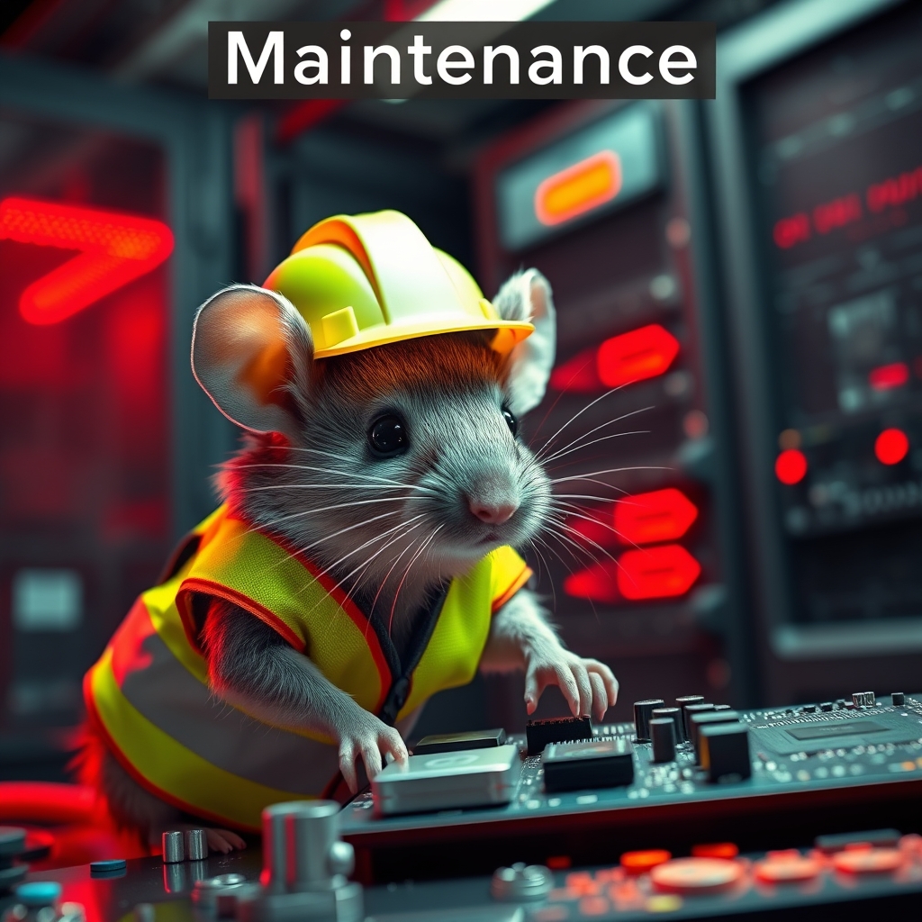 A small mouse with a hard hat and high visibility vest is repairing a circuit board, the mouse has a serious look in his eyes, background shows a server room with red emergency lighting only, red ambient lighting, emergency lighting, (Text sign top of image saying "Maintenance":1.5).