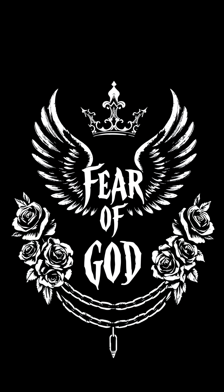 STENCIL INK ART, DOVE crowns, roses chains, and dark, moody colors - black and white, SOLID COLOR GRAPHIC PRINT, Fear of God BRAND, black background, trap music style CENTER PNG ART. - Image