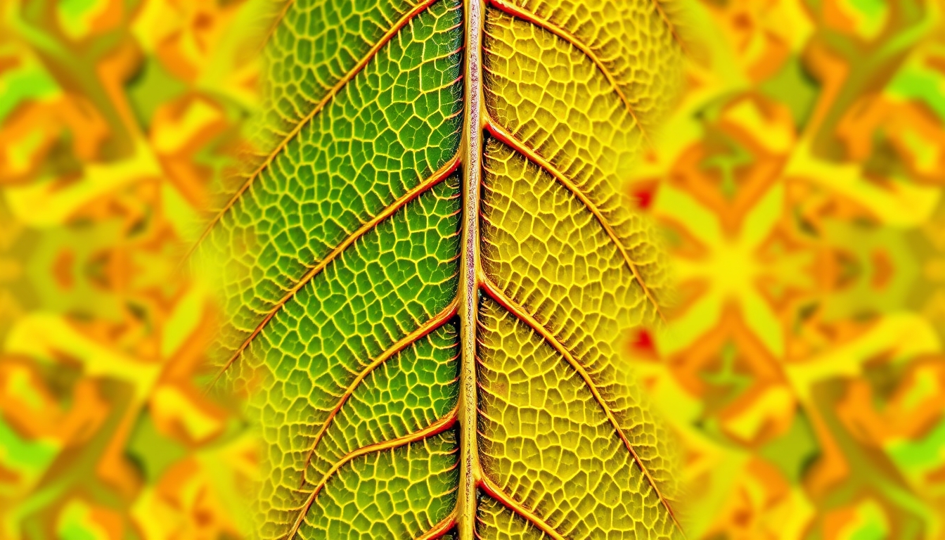 A close-up of a leaf with intricate details, transformed into an abstract digital pattern with vibrant colors and bold shapes.