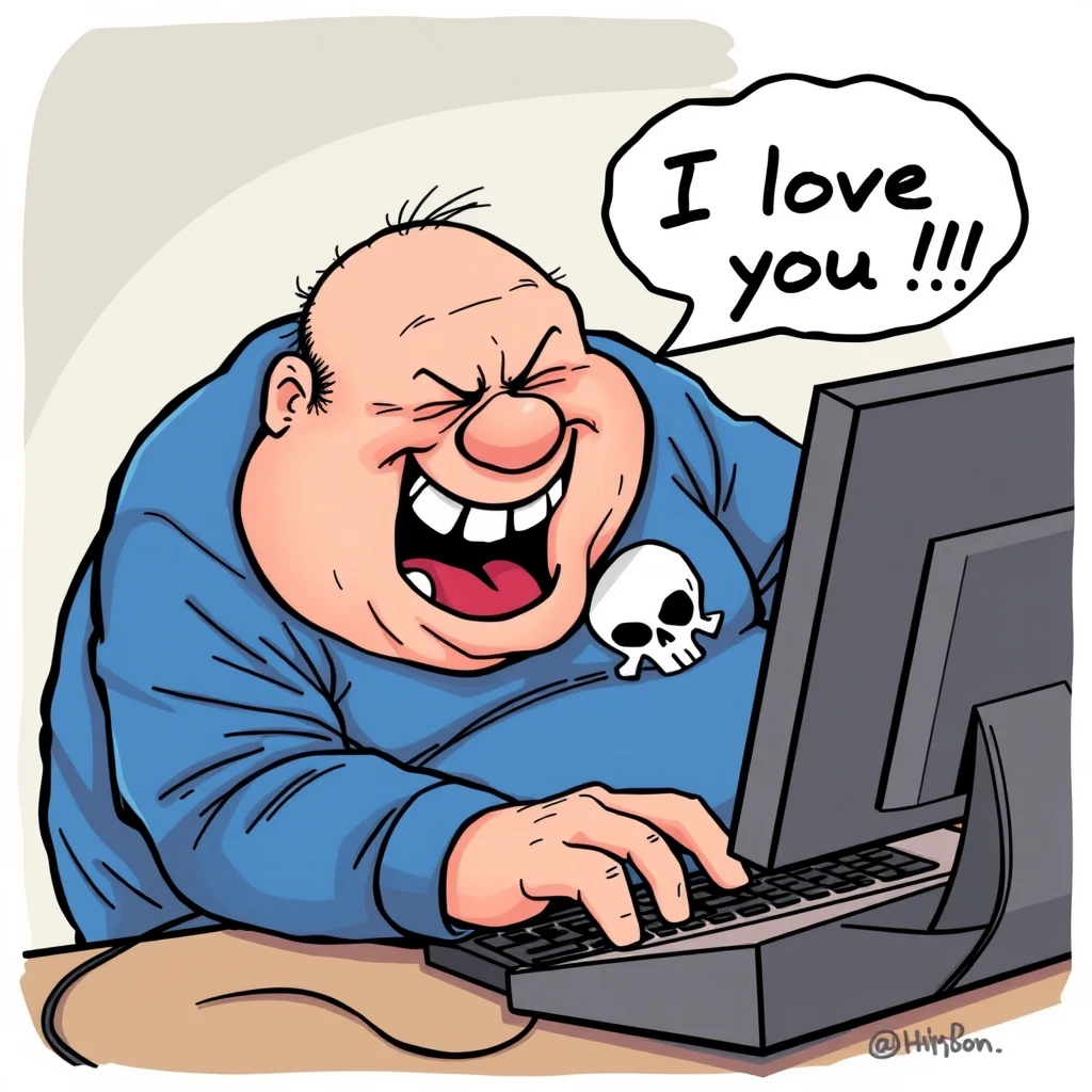 Cartoon of an overweight man wearing a blue shirt with a skull logo, hunched over a computer keyboard typing furiously. The man is smiling and has a crazed, frantic expression on his face. His mouth is open. A speech bubble coming from the man reads "I love you !!!"