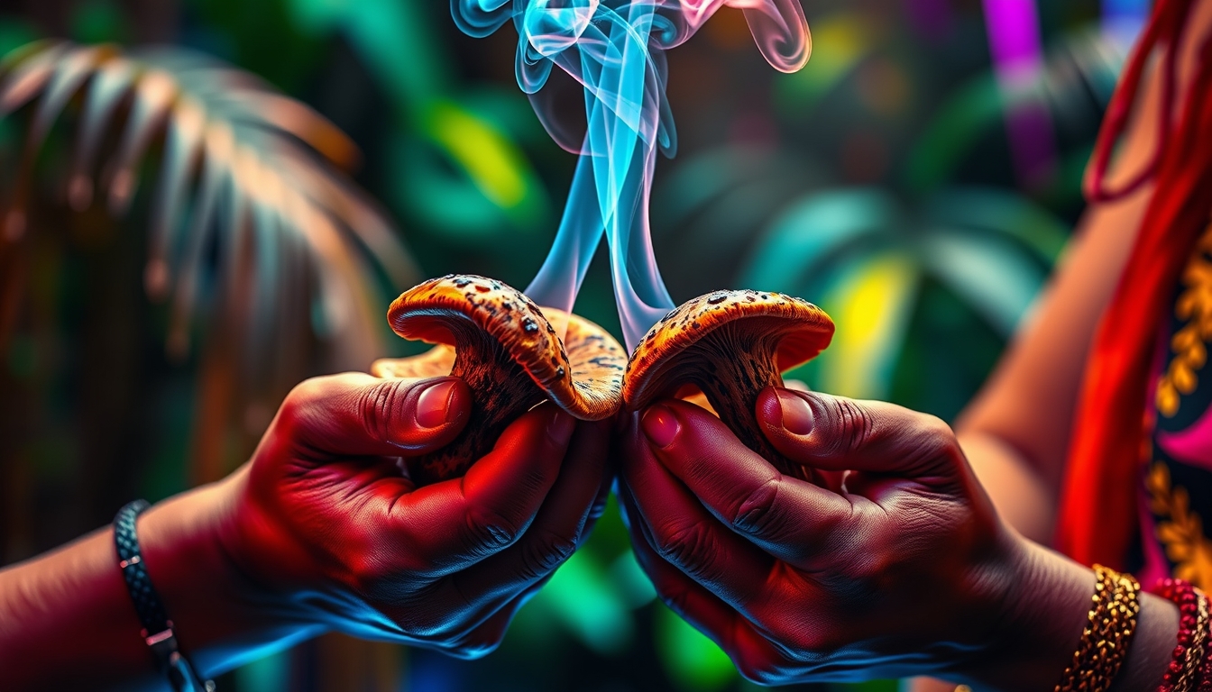 A close-up shot of their hands holding intricately carved pipes filled with psychedelic mushrooms. The texture of the mushrooms is vivid, and the smoke spirals upward, starting to take on a life of its own, with vibrant colors suggesting a transition into a psychedelic state. Surreal and vivid, combining the raw, untamed beauty of the Amazon Jungle with otherworldly psychedelic visuals and futuristic, neon-lit cyberpunk elements.