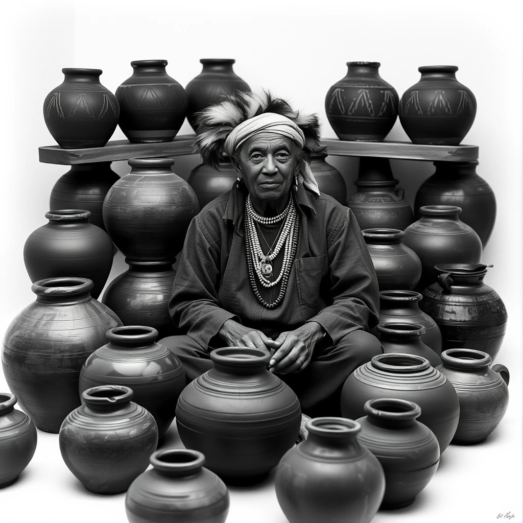 B&W photorealistic studio image in the style of Richard Avedon, of a Navajo potter surrounded by his black pots. - Image